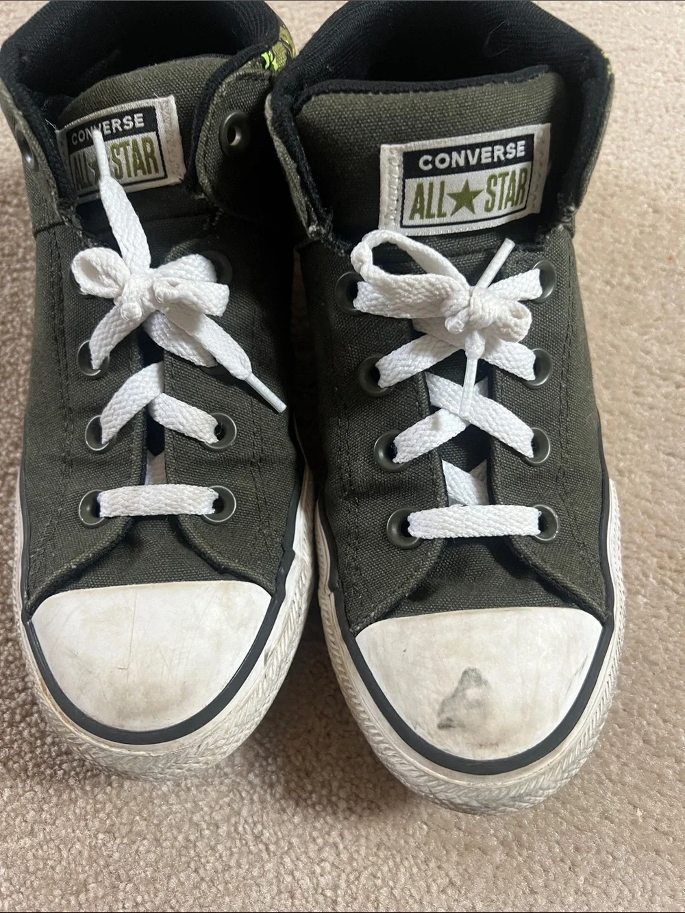 Converse Kids High-Top Sneakers in Olive with Neon Green Camo Detail